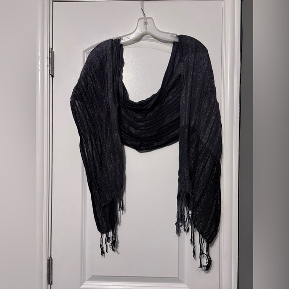 Accessories - Black Sheer Shimmer Fringe Shawl Wrap Boho Evening Festival
